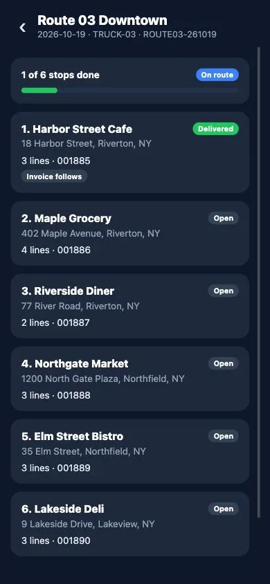 Driver app screen: the route with its stops and their status