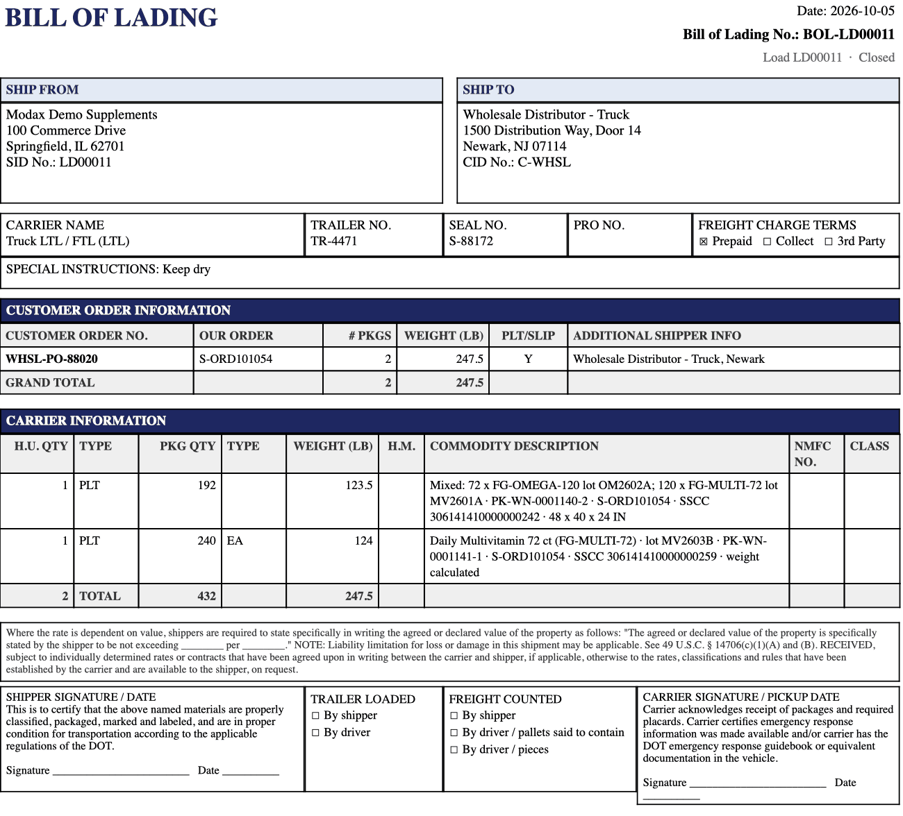 Bill of lading printed by Modax WMS: two pallets with weight, dimensions and SSCC, one of them marked weight calculated, and the totals of the load